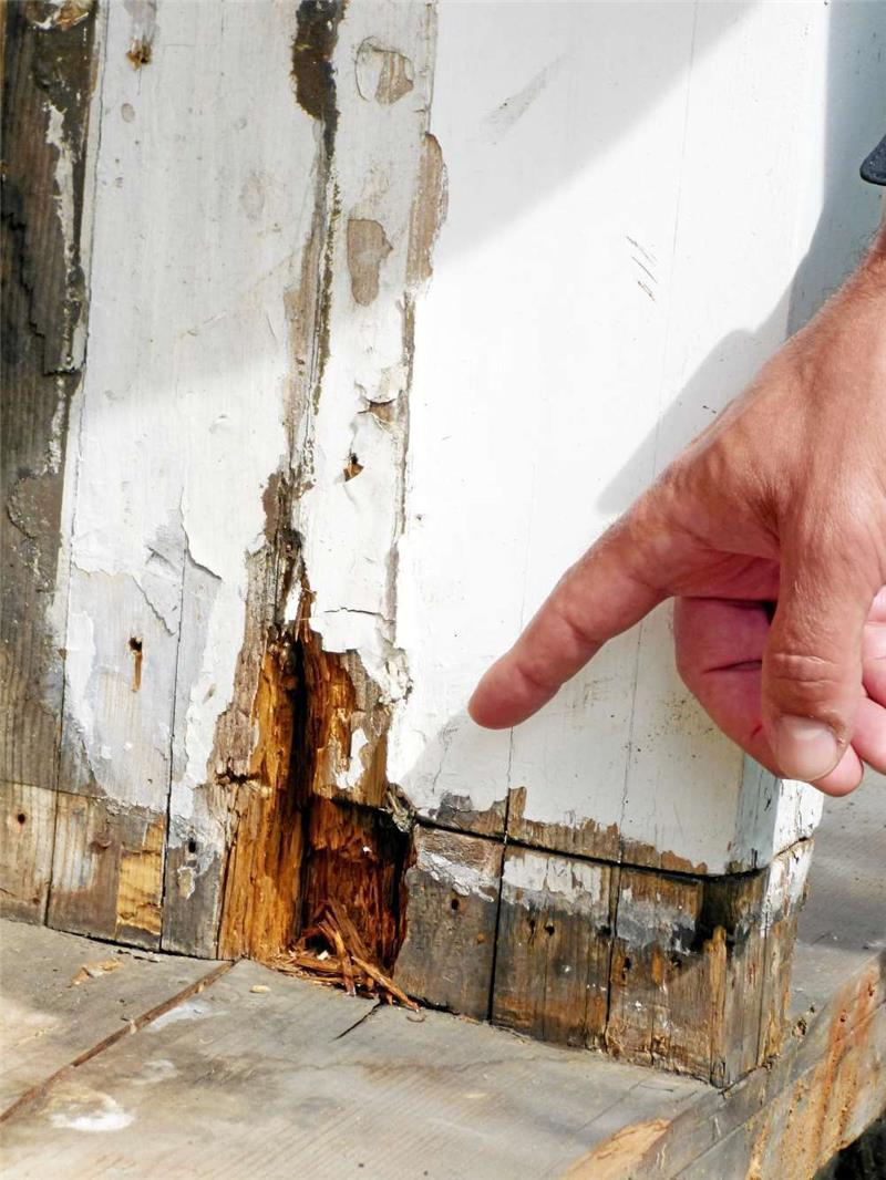 Schlimmer als erwartet: Nässe-Schäden an den Stützfüßen. Ein Pilz verursacht diesen sogenannten „Würfelbruch“.