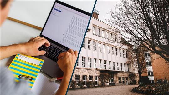 Links: Ein Schüler mit einem Laptop, auf dem ChatGPT geöffnet ist. Rechts: Das Bad Harzburger Werner-von-Siemens-Gymnasium