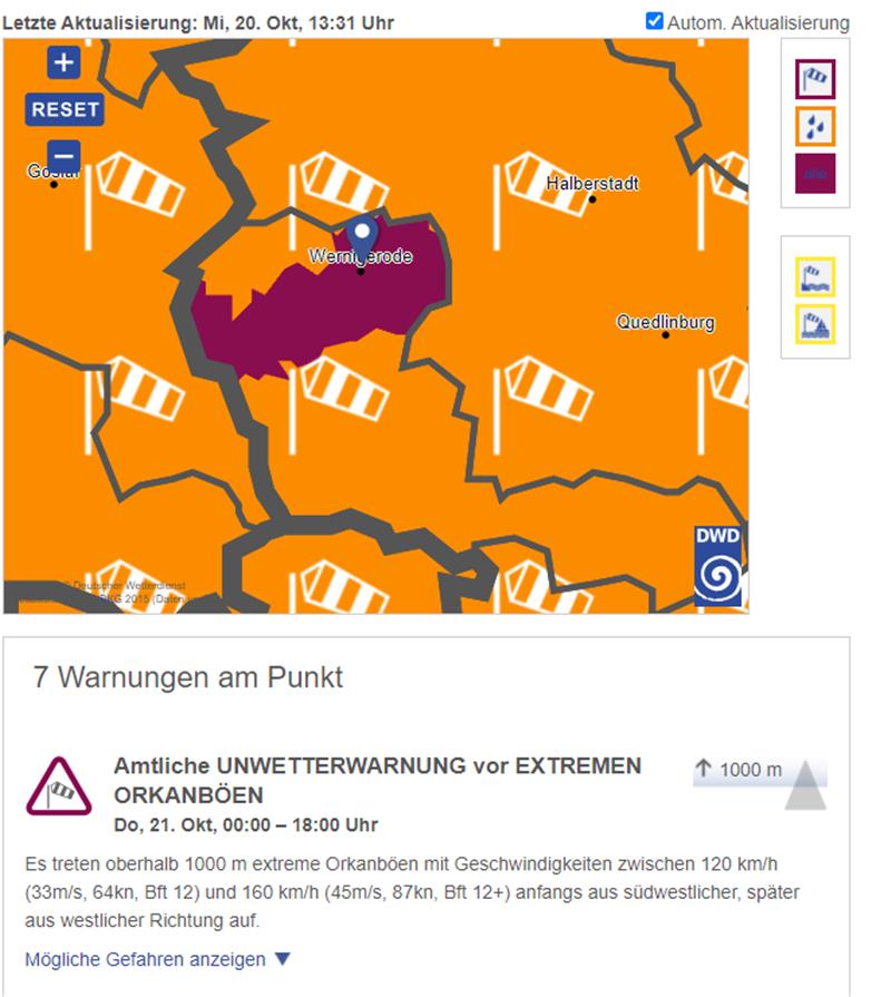 Screenshot: Warnkarte des Deutschen Wetterdienstes