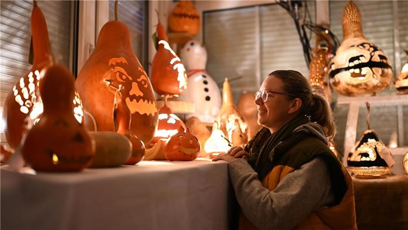 Seit 2019 fertigt die Künstlerin Lampen aus getrockneten Flaschenkürbissen.