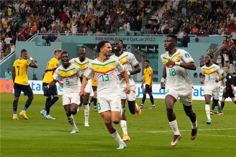 Zu Ehren von WM-Held Diop: Senegal arbeitet an WM-Märchen Senegals Ismaila Sarr (r) jubelt nach seinem Treffer zum 1:0 mit seinen Mitspielern.