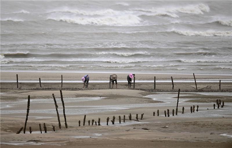 Sicherheit geht vor: Fischer beenden ihre Arbeit am Strand in Fuzhou.