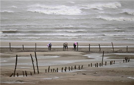 Sicherheit geht vor: Fischer beenden ihre Arbeit am Strand in Fuzhou.