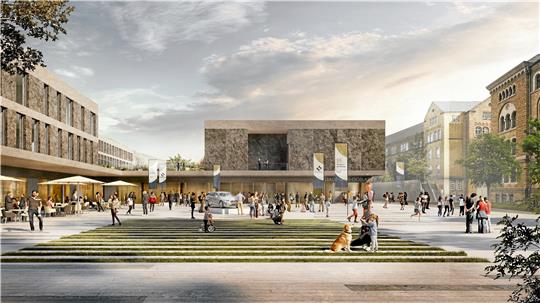 Sicht auf die geplante Stadthalle vom Forumsplatz aus, über den Hotel und Halle gleichermaßen zugänglich sind. Auch der Platz soll für öffentliche Veranstaltungen künftig nutzbar sein.  Zeichnung: Nieto Sobejano Arquitectos