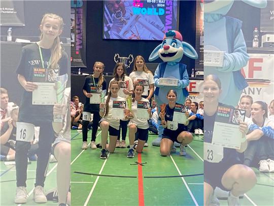 Siegerinnen der Altersklasse Junioren Girls Solo: Kniend auf dem ersten Platz (mit goldenem Pokal) Emilia Teitge und links daneben Marlene Sander als die Vizemeisterin (mit silbernem Pokal). Foto: Privat