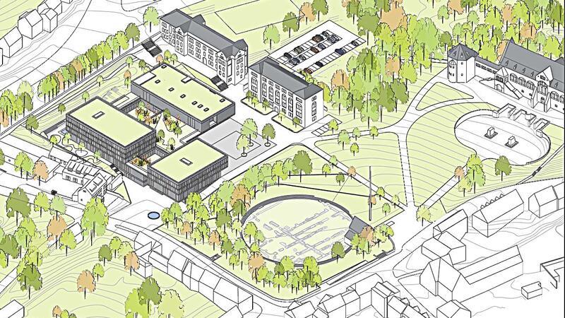 So ist das Pfalzquartier geplant: Vorne links bilden zwei Gebäude das Hotel. Daneben ist die Stadthalle. Der Kreis vorn markiert den Stiftsgarten. Rechts ist unverrückbar die Kaiserpfalz.
