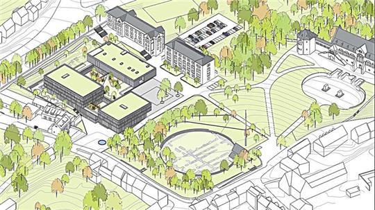 So ist das Pfalzquartier geplant: Vorne links bilden zwei Gebäude das Hotel. Daneben ist die Stadthalle. Der Kreis vorn markiert den Stiftsgarten. Rechts ist unverrückbar die Kaiserpfalz.