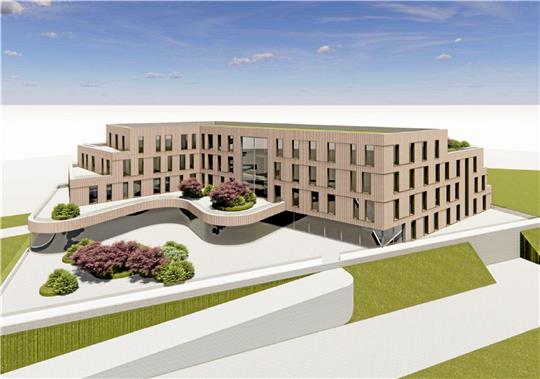 So könnte das Hotel aussehen, das auf dem Glockenberg entstehen soll. Nach dem Entwurf der BauWerkStadt-Architekten aus Bonn sollen die Autos unter der Erde parken. Jetzt muss nur noch einen Investor gefunden werden. Grafik: BauWerkStadt-Architekten
