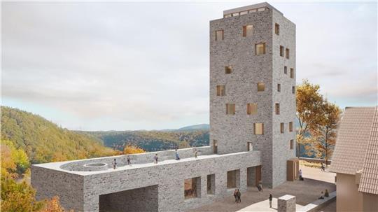 Die Zeichnung zeigt den Entwurf für einen neuen Turm mit Anbau auf dem Burgberg.