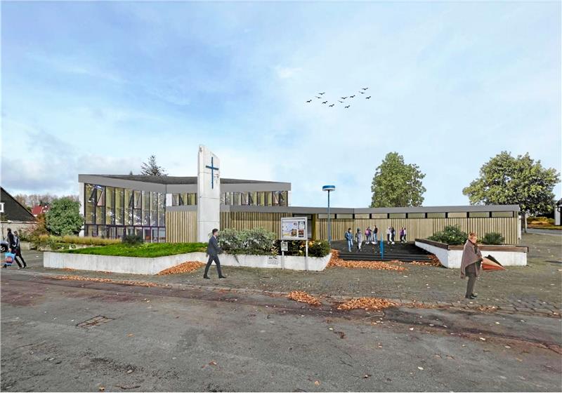 So könnte eine aus St. Peter heraus entstehende multifunktionale Begegnungsstätte in Sudmerberg von der Straße aussehen, eine von drei entworfenen Varianten. Abbildungen: Ottinger Architekten