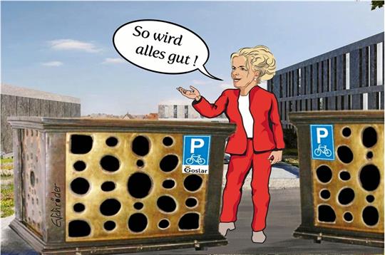 So könnte sich die Debatte um die Fahrradboxen auf der Kunstmeile noch in Wohlgefallen auflösen. Unser Karikaturist Ernst Schröder schreibt dazu: „Die Verwaltung überrascht in Sachen Fahrradboxen: Standortfrage, Optik, Weltkulturerbeentsprechung, Sicherheit, Originalität sind berücksichtigt. Die Bürger können wieder ruhig schlafen.“  Grafik: Schröder