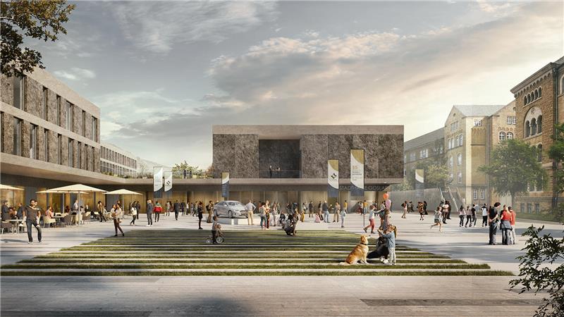 So sieht der Entwurf für das Kaiserpfalzquartier aus: links der Hoteltrakt, in der Mitte die geplante Stadthalle, im Vordergrund eine öffentlich nutzbare Fläche zwischen Hotel und Halle.