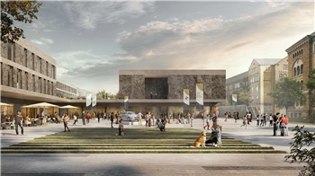 So sieht der Entwurf für das Kaiserpfalzquartier aus: links der Hoteltrakt, in der Mitte die geplante Stadthalle, im Vordergrund eine öffentlich nutzbare Fläche zwischen Hotel und Halle.