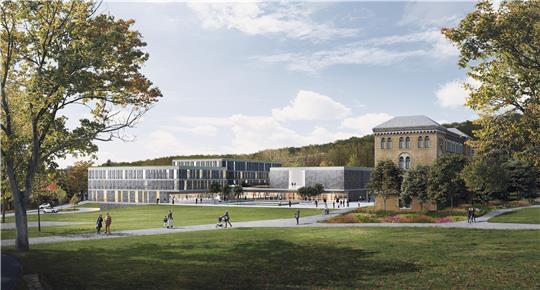 So soll das Pfalzquartier einmal aussehen: Hotel (l.) und Stadthalle sind miteinander verbunden. Der Eingangsbereich ist öffentlich nutzbar. Vor dem Neubau soll künftig der Stiftsgarten als Park angelegt werden. Zeichnung: Nieto Sobejano
