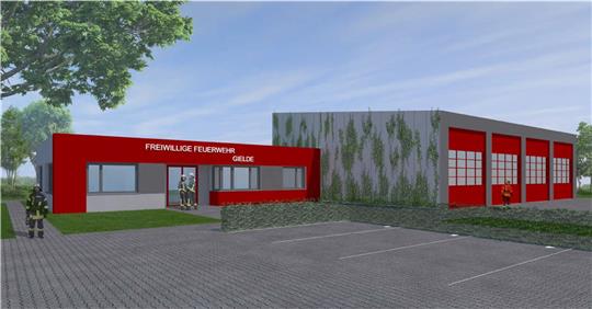 So soll das neue Feuerwehrgerätehaus Gielde auf der Schulwiese aussehen, zu dem insgesamt vier Fahrzeughallen gehören. Grafik: Hamborg Architekten