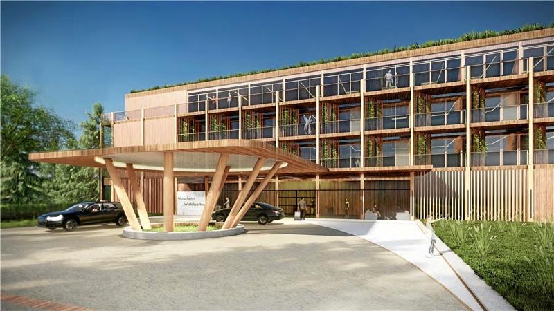 Hahnenklee: Waldgarten-Ruine soll Vier-Sterne-Hotel weichen So soll der Eingang zum Naturhotel später einmal aussehen: Holz ist ein wichtiger Faktor beim Bau, die Autos verschwinden nach dem Entladen in einer Tiefgarage unter dem Gebäude. Visualisierungen: Projektskizze MPP Meding