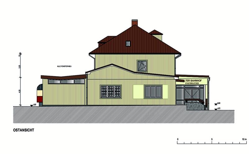 So soll die Stadtbibliothek zu Weihnachten aussehen: Die Fassade erhält nicht nur eine neue Farbe sondern auch eine energiesparende Dämmung.  Illustration: LAMPEvier