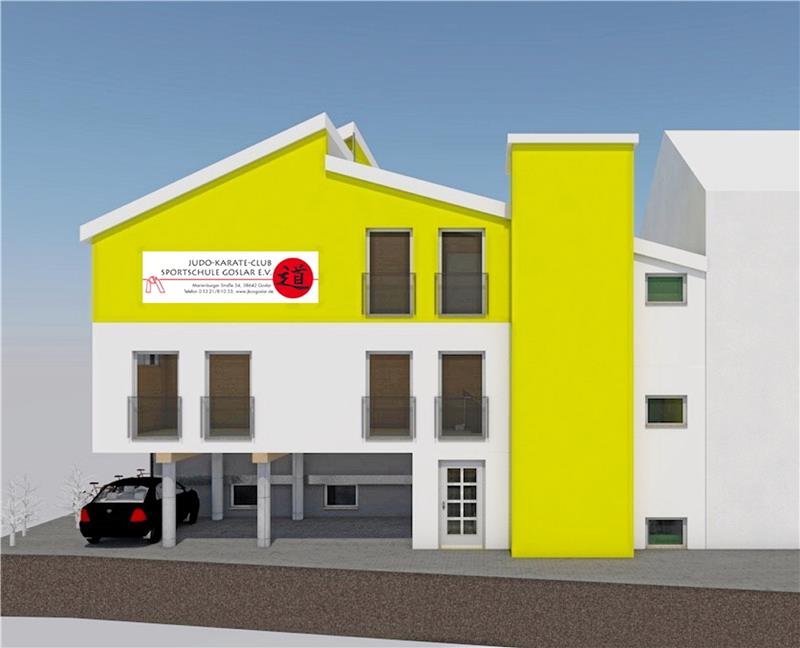 JKCS Goslar gibt grünes Licht für sein Millionenprojekt So soll die neue Sportstätte des Judo-Karate-Club Sportschule Goslar aussehen. Der Ausbau erfolgt zur Marienburger Straße, mit einem Fahrstuhl als markantestem Element. Visualisierung: Verein