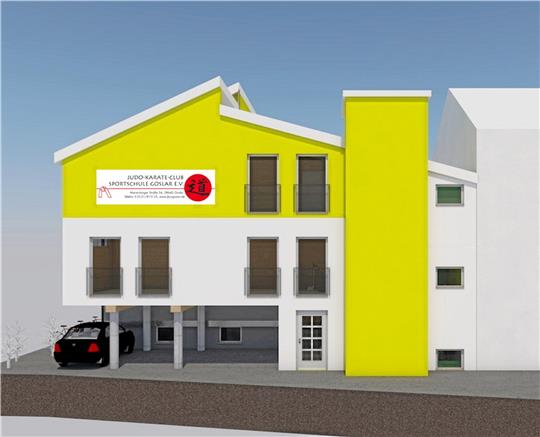 So soll die neue Sportstätte des Judo-Karate-Club Sportschule Goslar aussehen. Der Ausbau erfolgt zur Marienburger Straße, mit einem Fahrstuhl als markantestem Element.  Visualisierung: Verein