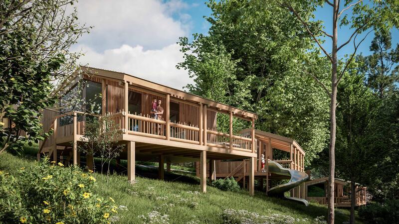 Eine Visualisierung zeigt ein Ferienhaus im Grünen.