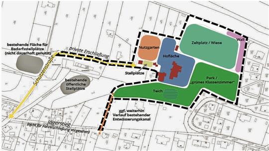 So stellen sich die Falken ihre Bildungsstätte vor. Der direkten Nachbarschaft (rechts auf dem Plan ist die Bebauung in der Goethestraße und im Sonnenweg zu erkennen) gefällt das nicht.  Grafik: Drees & Huesmann Stadtplan PartGmbB