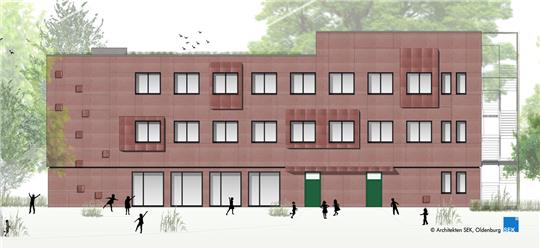 So stellen sich die Oldenburger Architekten den Anbau vor: Die Ansicht zeigt die Südseite.