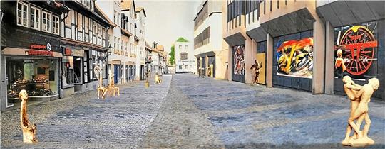 So war es ganz ursprünglich gedacht: Im ersten Entwurf der zu Anschauungszwecken optisch verbreiterten „Kunstmeile“ war noch Kunst an beiden Seiten der Straße vorgesehen (Mitte der 90er Jahre). Das war schnell vom Tisch, weil die Durchfahrt vor allem für die Feuerwehr garantiert werden musste.  Repro: GZ