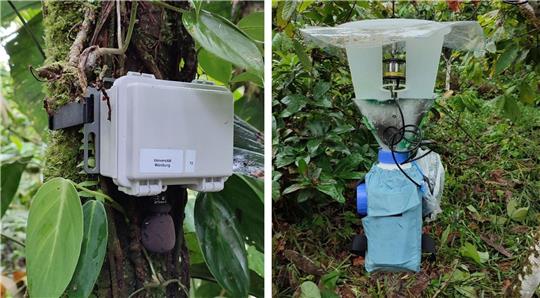 Soundrekorder (l) und automatische Lichtfalle zur Erfassung von Tierstimmen und Nachtinsekten.