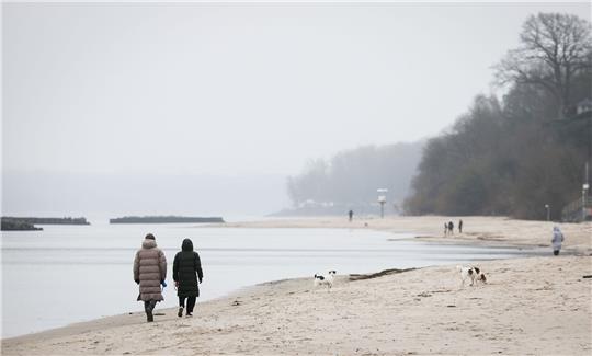 Spaziergänger mit Hunden sind bei leichtem Nieselregen am Strand von Schilksee bei Kiel.