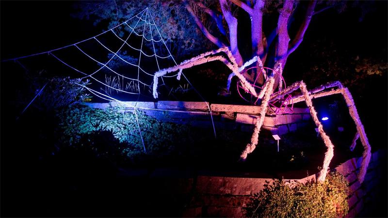 „Lichtzauber“ in der Abenddämmerung im Park der Gärten Spinnen, Fabelwesen und andere Fantasieobjekte werden im Park der Gärten angestrahlt.
