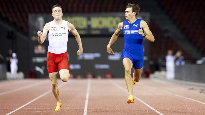 Stabhochspringer Armand Duplantis ließ Hürdenläufer Karsten Warholm keine Chance über 100 Meter.