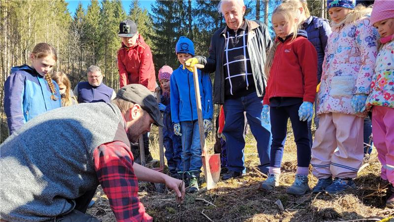 Stadtförster Alexander Frese zeigt den Teilnehmern, wie ein junger Baum korrekt in die Erde gesetzt werden muss.