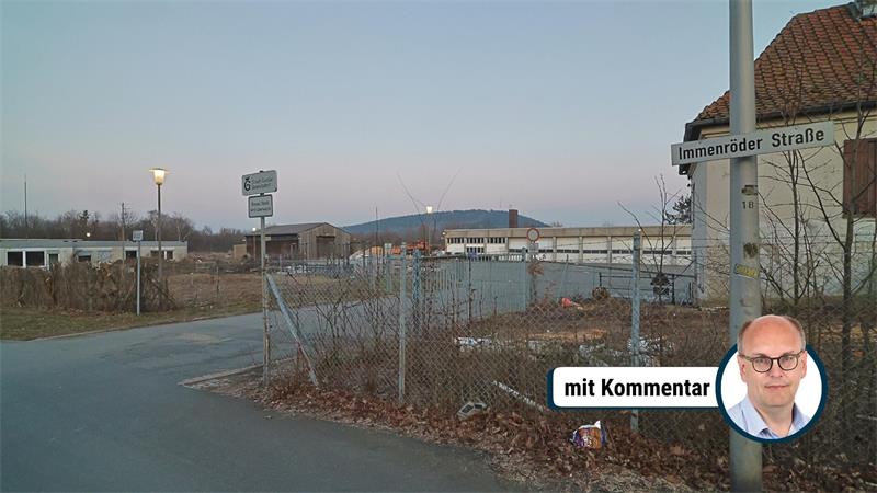 Straßenschild mit der Aufschrift 'Immenröder Straße' an einer Kreuzung in einem ländlichen Gebiet mit kahlen Büschen und einem Zaun