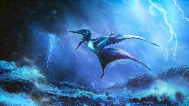 Tod im Sturm - Endeten bayerische Baby-Flugsaurier tragisch? Starke Windböe brechen die zarten Knochen: Künstlerische Darstellung eines kleinen Pterodactylus-Babys in einem Tropengewitter.
