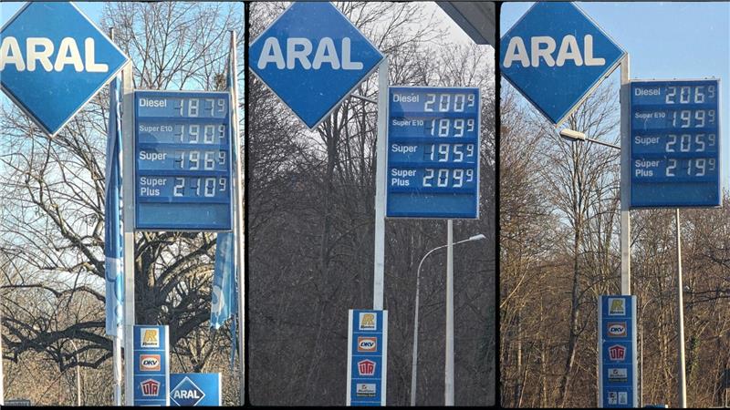 Eine Tankstelle mit Preistafel.