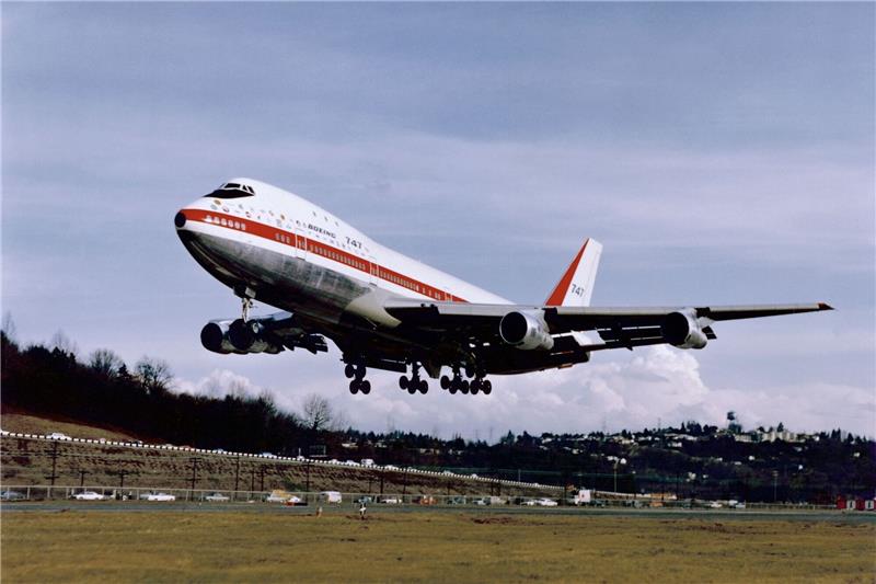 Start der ersten Boeing 747 auf dem Boeing Field in Seattle im Jahr 1969.