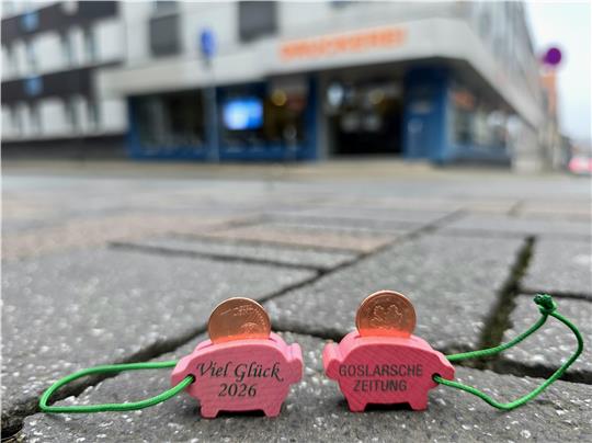 Zwei GZ-Glücksschweinchen stehen in der Fußgängerzone.