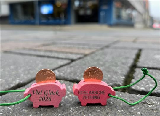 Zwei GZ-Glücksschweinchen stehen in der Fußgängerzone.