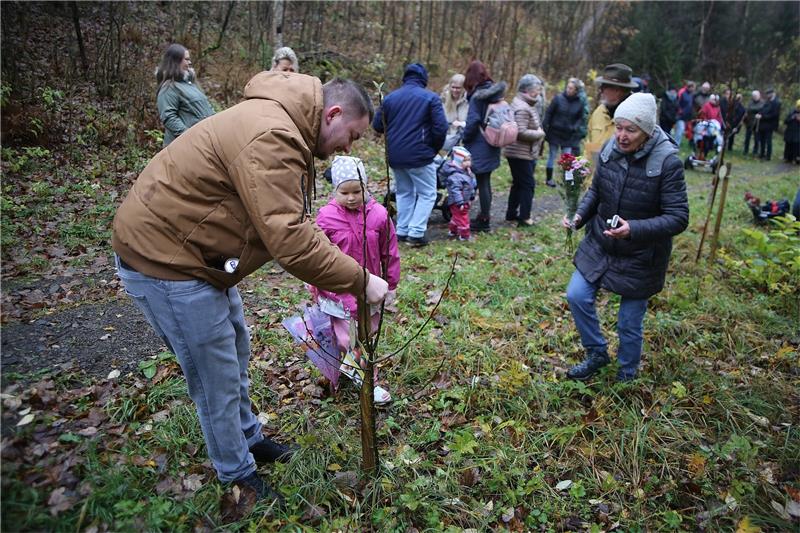 Der fünfte Baum ist für das Filmkind Stolz bringen die Väter die Namensschilder ihrer Kinder an den frisch gepflanzten Bäumen der Allee für die Neugeborenen im Kälbertal an. Fotos: Jung
