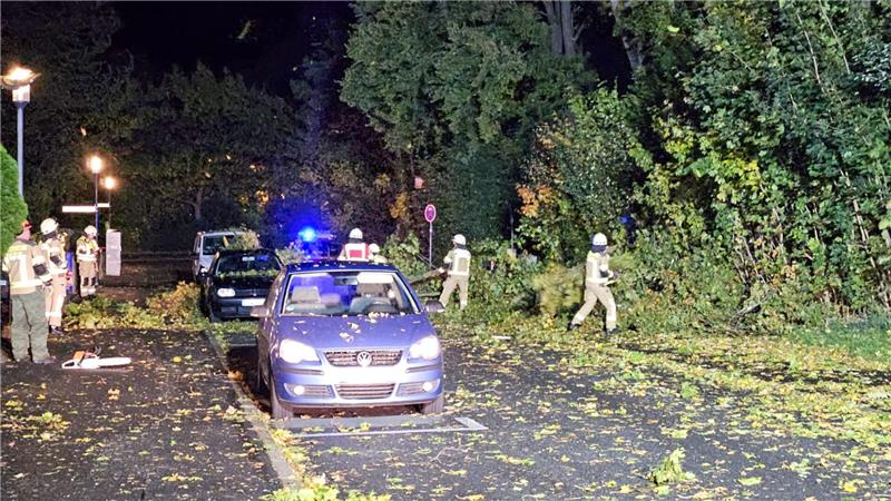 Sturmschäden in der Von-Burgdorf-Straße. Die Feuerwehr räumt die Straße frei.