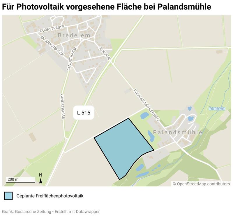 Karte mit markierter Fläche für Photovoltaik bei Palandsmühle und umliegenden Straßen und Gewässern