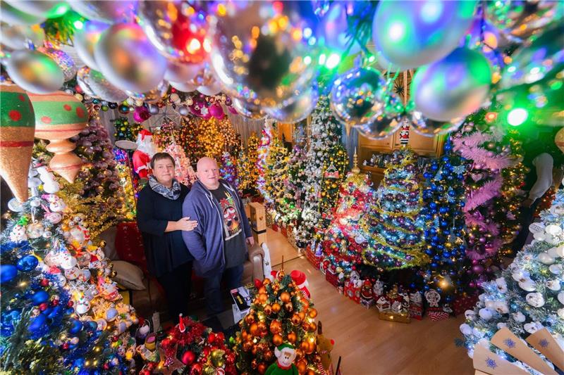 Rekord: Paar stellt 555 Weihnachtsbäume zu Hause auf Susanne und Thomas Jeromin stehen inmitten von Weihnachtsbäumen im Wohnzimmer ihres Hauses.