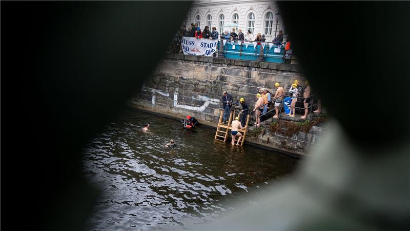 Teilnehmer steigen bei der Schwimmdemonstration gegen das Badeverbot in der Spree in Berlin ins Wasser.