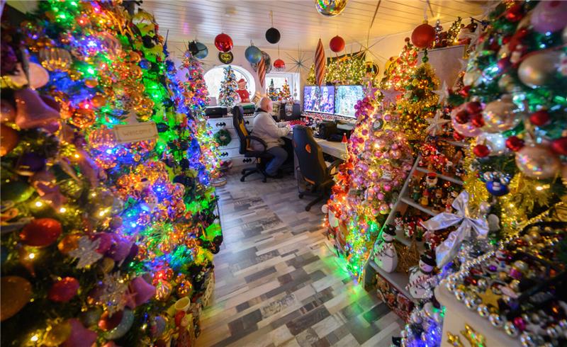 Thomas Jeromin sitzt inmitten von Weihnachtsbäumen an seinem Computer.