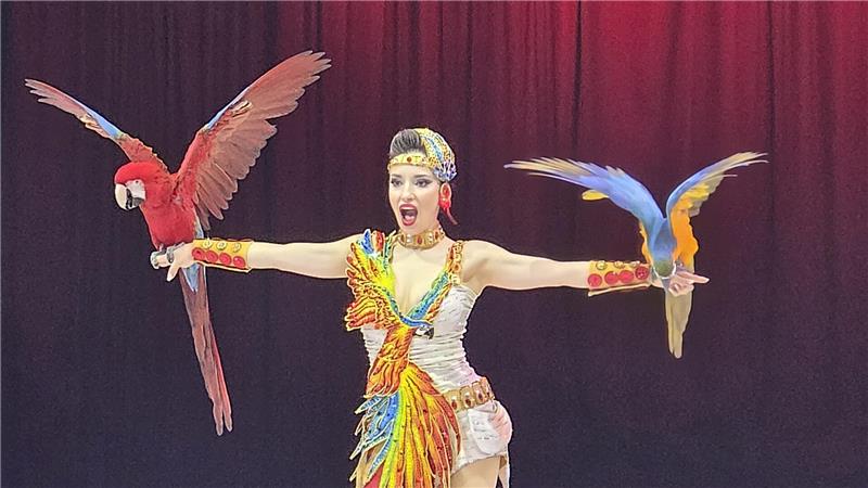 Osterfeld: Nach Neptuns Catwalk geht es zum Unterwasserball Person mit ausgestreckten Armen trägt farbenfrohes Kostüm mit Federn und hält auf jedem Arm einen großen Papagei