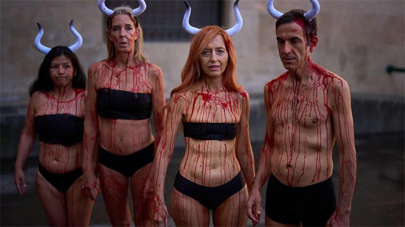 Tierschützer protestieren jedes Jahr mit spektakulären Aktionen gegen die Stierhatzen im nordspanischen Pamplona.