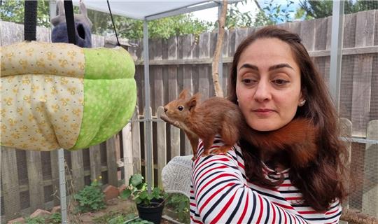 Tierschützerin Mona Gahrib hat ein Eichhörnchen auf der Schulter.
