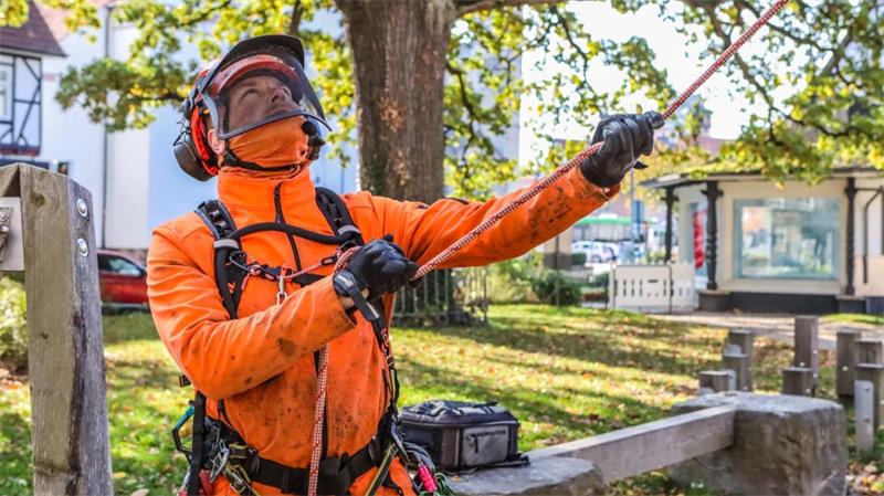 Ein Mann in orangefarbener Schutzkleidung und Helm zieht an einem Seil in einem Park mit Bäumen und Bänken