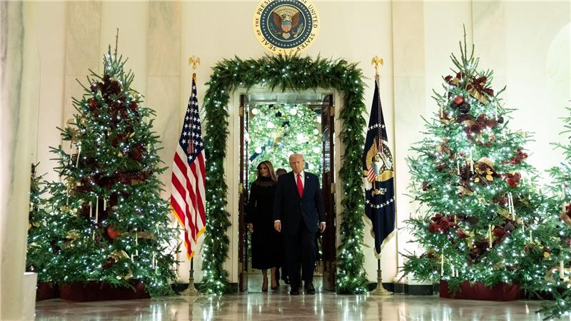 US-Präsident Donald Trump (r) und First Lady Melania Trump betreten in Washington die Cross Hall.