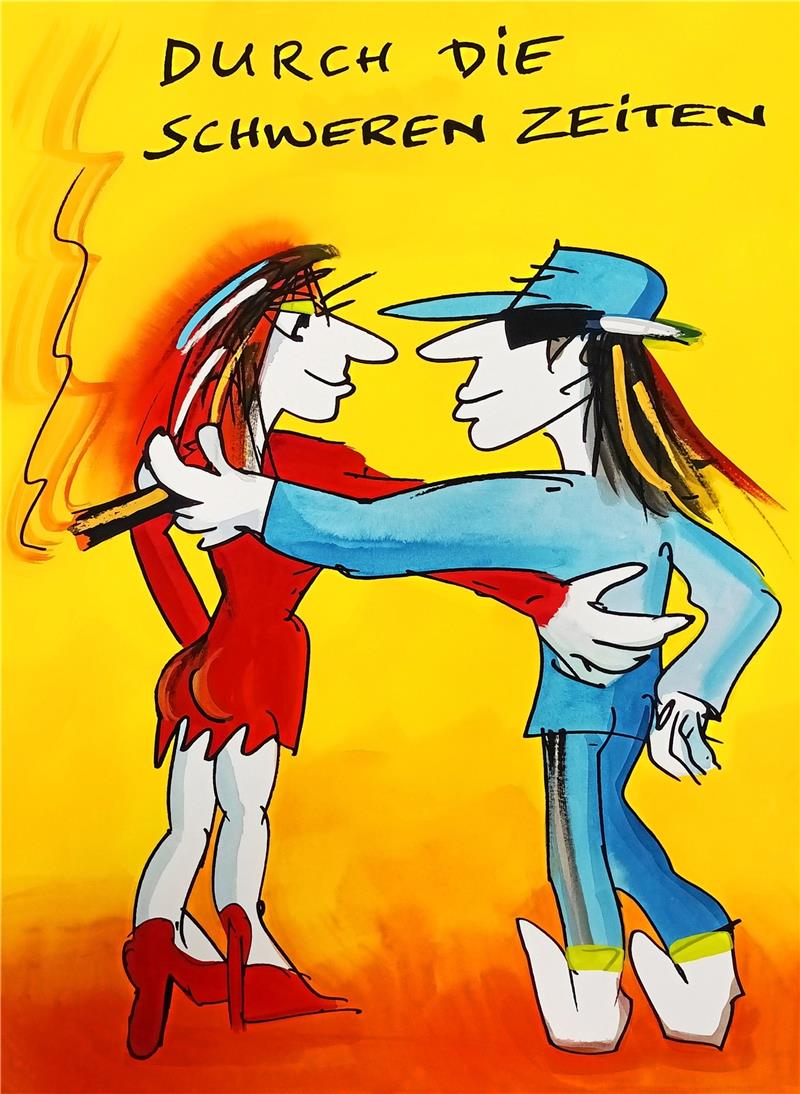 Goslars Galerie an der Abzucht feiert 50 Jahre Udo Lindenberg macht durch sein werkimmanentes Augenzwinkern Schweres leichter, hier in der Arbeit „Durch die schweren Zeiten“ (42 x 56 Zentimeter). Foto: Galerie